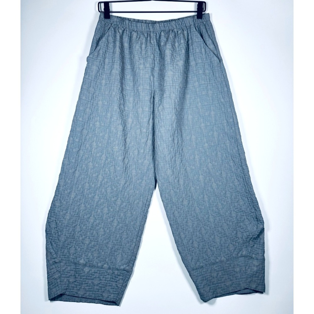 Niche by Nilgun Derman Womens Lantern Pants‎ Large Gray Blue Textured Barrel Leg